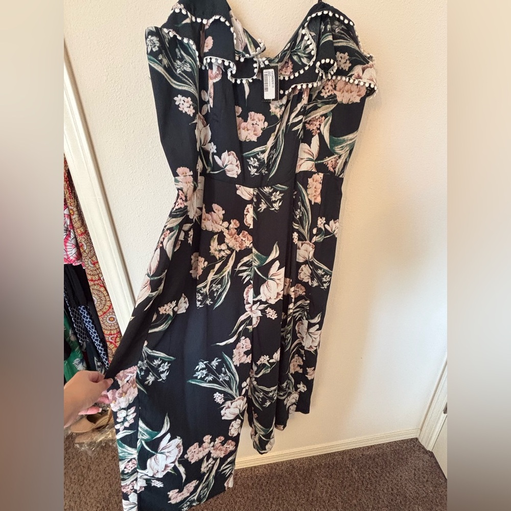 City Chic Black Floral Dress with White Pom Pom Trim